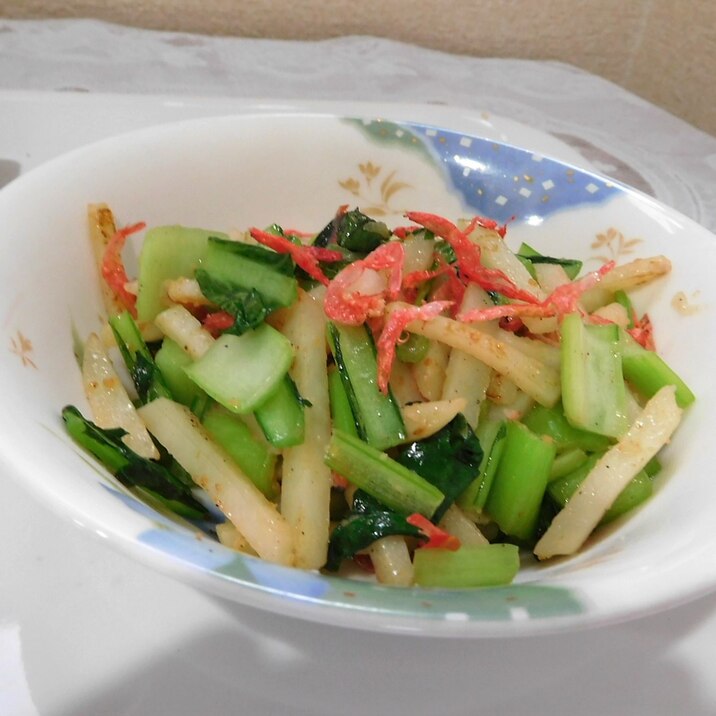 小松菜,ジャガイモ,桜エビのえび塩炒め